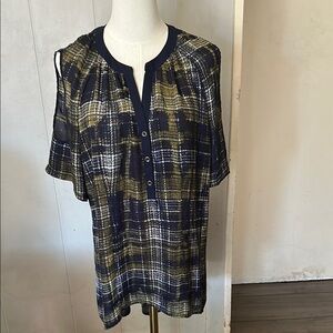Fred David Navy and Olive Checkered Blouse